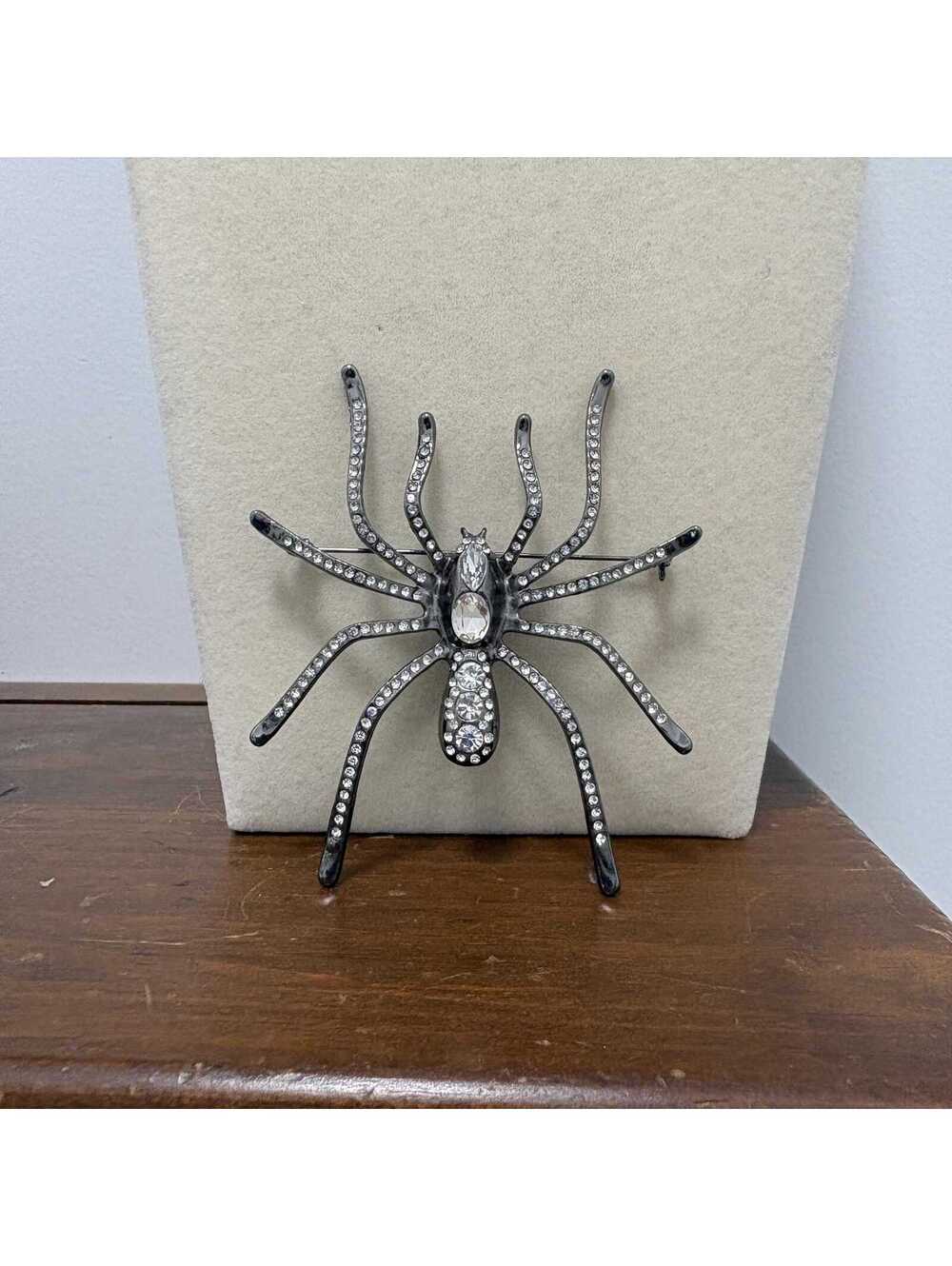 Large Modern Rhinestone Gunmetal Spider Brooch Pin Gothic Halloween